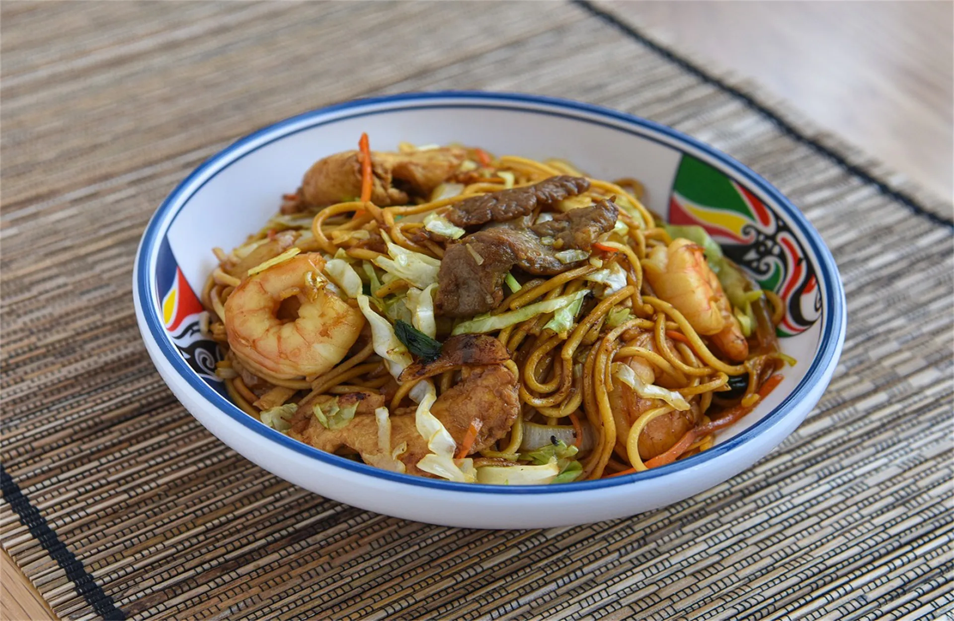 Stir‑fried noodles with seafood and beef at Hot Wok, a Chinese Restaurant in Niles